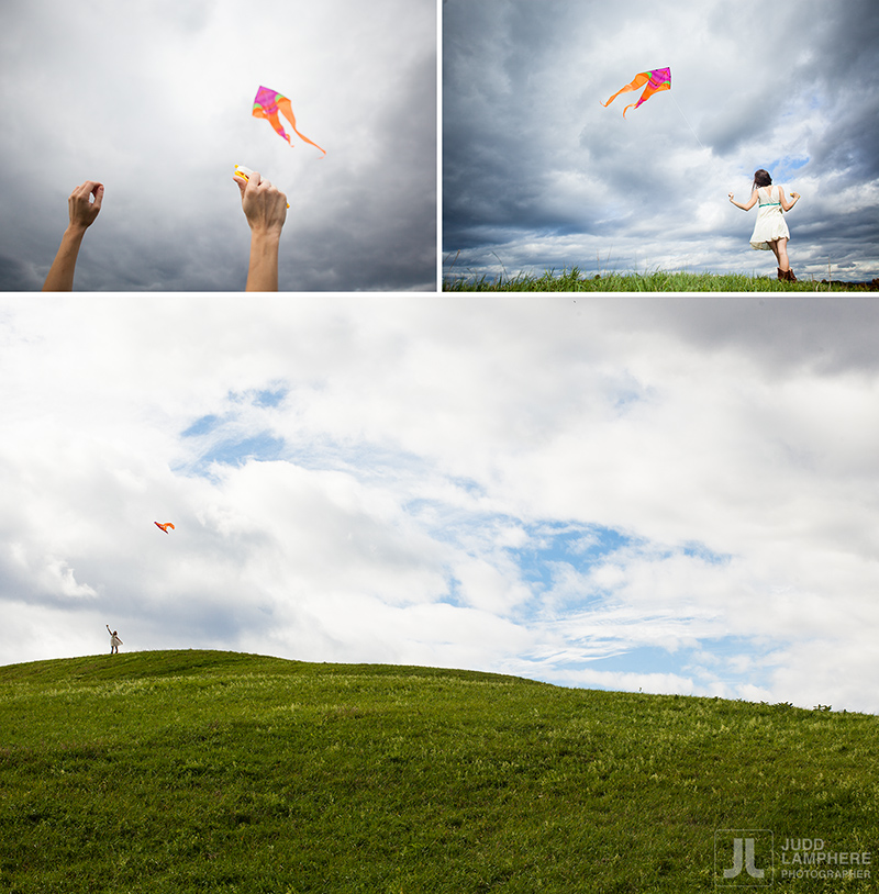 A young women flying a kite on a hill in Shelburne, Vermont. By assignment photographer Judd Lamphere