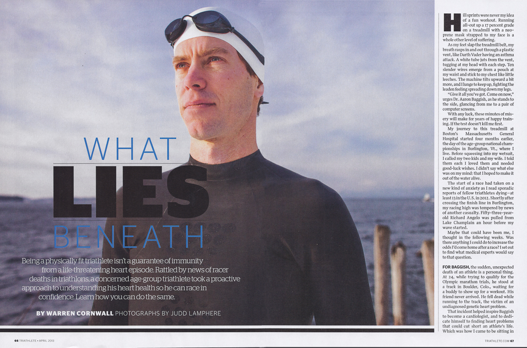 Warren Cornwall stands on the shore of Lake Champlain, near Burlington Vermont. Warren is training for the Age-Group National Championships, and making sure he is doing everything he can to avoid a life-threatening heart episode similar to the ones that claimed the lives of 13 triathletes last year alone.